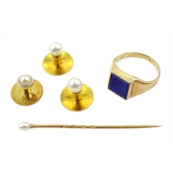 9ct gold lapis lazuli ring, gold pearl stick pin and two pearl studs, all 14ct and an 18ct gold pearl stud, all stamped or tested  