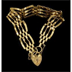 9ct gold gate link bracelet with heart locket clasp, London 1990