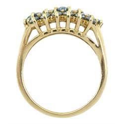 9ct gold pear and round blue topaz three row ring, hallmarked 