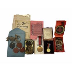 George VI Special Constabulary Long Service medal to R B Tobey in box of issue, various military badges, dog tags, ration books and a ticket for the 1953 Coronation for the Government stands in The Mall