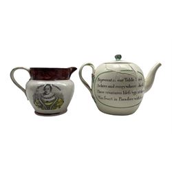 18th century cream ware bullet shape tea pot, the cover with bud lift and painted with butterfly and flowers, the body with prayers and with divided strapwork handle H13cm and a Victorian lustre jug with a portrait of the Queen and verse (2)