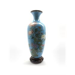 Chinese Cloisonné vase decorated with chrysanthemum on blue ground, H32.5cm including stand 