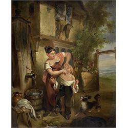 William Collins (British 1788-1847): Woman Washing Boy's Face with Yipping Spaniel, oil on panel unsigned, labelled verso 29cm x 24cm