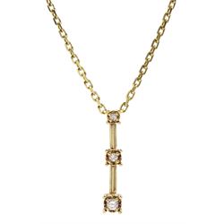 9ct gold graduating three stone diamond pendant, hallmarked, on 14ct gold cable link necklace