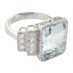 18ct white gold aquamarine ring with stepped diamond shoulders, stamped 750, aquamarine approx 7.95 carat, total diamond weight 0.45 carat