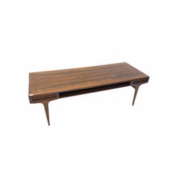 Danish mid-century dark wood coffee table, fitted with two drawers and a magazine shelf, raised on tapered supports, circa 1960 W160cm x 60cm, H51cm
