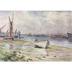 A. Cowling (British 19th/20th century): Small Boat Beached in a Harbour, watercolour on board signed and dated 1901, 26cm x 37cm