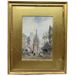 Circle of David Roberts (Scottish 1796-1864): French Street Scene with Monument, watercolour unsigned 35cm x 25cm