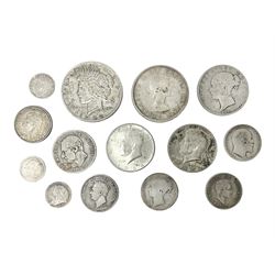 Great British and World coins, including Queen Victoria 1884 halfcrown, United States of America 1922 peace dollar, two 1964 Kennedy half dollars, Queen Elizabeth II Canada 1958 one dollar etc
