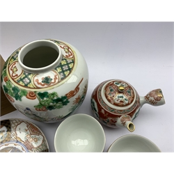 Chinese ginger jar decorated with figures in coloured enamels H18cm, Japanese Imari pattern saucer dish D18cm, Japanese tea pot, five tea bowls and five saucers in original box