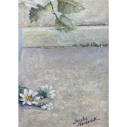 Trisha Hardwick (British 1949-2022): 'Floris' Still Life of Violet Flowers in a Vase, oil on board signed, titled verso 43cm x 35cm
