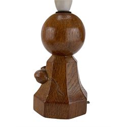 Mouseman - oak table lamp, spherical form on splayed octagonal foot carved with mouse signature, together with shade, by the workshop of Robert Thompson, Kilburn