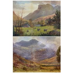 James Barnes (Lake District fl. 1870-1901): 'Helvellyn from Thirlmere' and 'Iron Crag Stonethwaite' in Autumn, pair watercolours signed and dated 1901 & 1902, titled inscribed and stamped with Keswick artist stamp verso 23cm x 30cm (2)