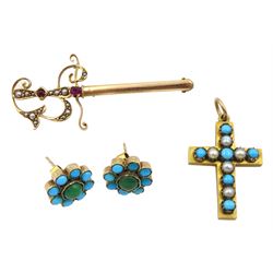 Edwardian 15ct rose gold garnet and seed pearl sword brooch, 15ct gold turquoise and pearl cross and a pair of 9ct gold stone set earrings