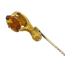Victorian 18ct gold eagle talon claw stick pin set with a single stone oval citrine