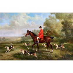 After Benjamin Lander (American 1842-1915): Fox Hunting Scene with Bay Thoroughbred and Hounds, oil on panel signed 39cm x 59cm
