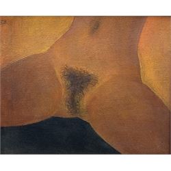Antonin (Tony) Bartl (Czech 1912-1998): Female Nude Study, in the style of Courbet's Origin of the World, oil on board signed with initials 17cm x 20cm
