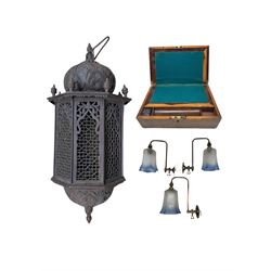 North African wooden lantern with fretwork panels H64cm approx., Victorian rosewood work box and a set of three Arts & Crafts style gas wall lights with glass shades by The South Metropolitan Company