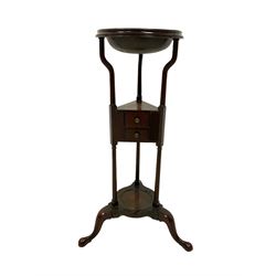 George III mahogany three tier washstand, metal inset bowl over triangular tier fitted with two drawers, the dished base raised on cabriole feet 