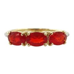 9ct gold three stone oval fire opal ring, with diamond shoulders, hallmarked 