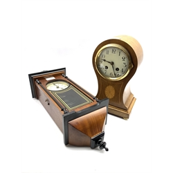 Edwardian inlaid walnut mantel clock of cartouche form with eight day movement, (W17cm) together with a 31 day walnut wall clock, (H48cm)