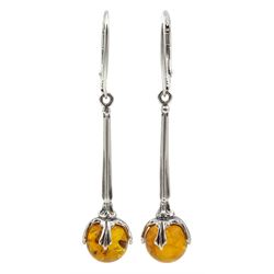 Pair of silver amber pendant earrings, stamped 925