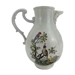 18th century Meissen coffee pot, the body painted to both sides with exotic birds perched on a branch before distant buildings and a tavern scene, with scroll moulded spout and handle, blue crossed swords mark beneath, H19.5cm. Provenance: From the Estate of the late Dowager Lady St Oswald