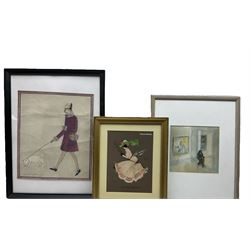 Elsie Waddington (British early 20th century): 1920s Flapper Girl Walking Dog, watercolour signed; After Hamilton King (American 1871-1941): 'Just From London' Turkish Trophies extra large cigarette card no.23 pub. 1902 together with watercolour of 'Museo el Prado' interior max 29cm x 25cm; French School (mid 20th century): 'Montmartre Paris 1958', gouache indistinctly signed together with a watercolour of ships in a harbour max 26cm x 34cm; Roland Stead (British early 20th century): Coastal Landscape, gouache signed; Peggy Savage (British 20th century): 'Beach and Cliffs', watercolour signed and titled verso 26cm x 37cm (7)