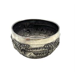 19th century Chinese white metal bowl, repousse decorated with a continuous scene of figures and buildings in a landscape, centred by a vacant shield shaped cartouche, unmarked but tests as silver, D17cm 14.9oz