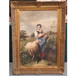 After Johann Baptist Hofner (German 1832-1913): 'The Shepherdess', 20th century oil on canvas 90cm x 59cm
