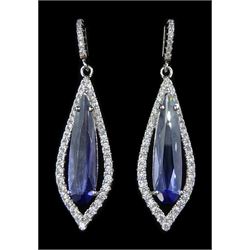 Pair of silver purple stone and cubic zirconia pendant stud earrings, stamped 925
