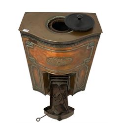 Early 20th century Adams design copper freestanding fireplace, serpentine front with pierced fretwork frieze, moulded reeded borders and shell decoration to the front
