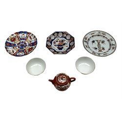 19th century Chinese plate, two Imari pattern plates, small Japanese tea pot and two oriental bowls