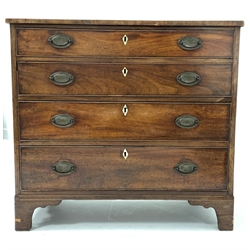 George III mahogany chest fitted with four long graduated cock beaded drawers, raised on shaped bracket supports 
