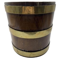 Early 19th century hewn walnut bucket or jardiniere, with three brass bands, lacking liner and base, H22cm x D22cm 