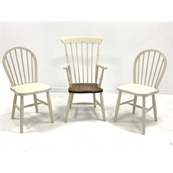 White painted farmhouse carver, with an ash saddle seat over ring turned supports, (W52cm) together with two other white painted chairs (38cm)