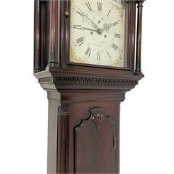 Thomas Lister of Halifax - late 18th century solid mahogany 8-day longcase with painted moon roller dial and centre calendar c1790, swans necked pediment with brass paterie, recessed break arch door beneath with plain columns and capitals, trunk with dog tooth moulding, quarter columns and a carved and shaped full length door, square plinth with canted corners and skirting, dial with painted rococo spandrels, Roman numerals, five minute Arabic's, minute dots, steel hands and seconds dial, with a rack striking movement, sounding the hours on a cast bell. With weights, pendulum and key. 
Thomas Lister (father and Son) are perhaps one of the most prolific and noted Yorkshire clock makers of the 18th century, working in Luddenden and Halifax from  the 1730s until the early 19th century.