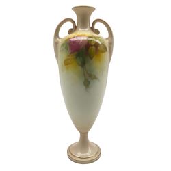 Mid 20th century Royal Worcester vase by Mildred Hunt, of ovoid form with twin acanthus and scroll mounted handles, the body hand painted with roses, signed M Hunt, upon circular foot, puce printed marks beneath including shape number 2710 and date code for 1945, H28cm