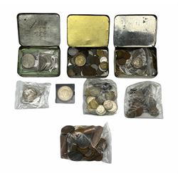 Great British and World coins including GB King George V 1914 florin, various commemorative crowns, two Canadian Queen Elizabeth II 1958 silver dollars, South Africa 1894 shilling, USA 1941 dime, Soviet Union 1970 one ruble, Guernsey 1902 four doubles etc