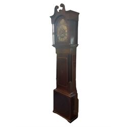 8-day mahogany cased longcase clock with a brass dial striking the hours on a coiled gong (missing), brass break arch dial with silvered chapter ring, Roman numerals, Arabic five-minutes and minute track, with semi-circular calendar aperture and seconds ring, cast spandrels with a silvered boss to the break arch inscribed “Tempus Fugit”, inlaid mahogany case with a swan’s neck pediment and reeded pillars to the hood and case, conforming plinth on shallow bracket feet. No pendulum or weights. Hands missing.