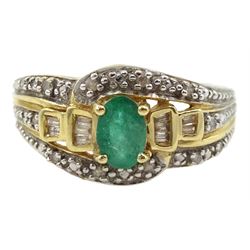 14ct gold oval cut emerald, round and baguette cut diamond cluster ring, stamped 585 with Birmingham assay mark