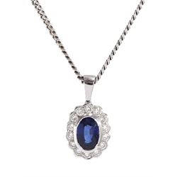 18ct white gold oval sapphire and round brilliant cut diamond pendant necklace, hallmarked, sapphire approx 0.50 carat