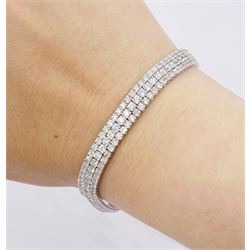 18ct white gold three row round brilliant cut diamond bracelet, stamped, total diamond weight approx 7.70 carat