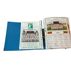 Yorkshire Cricket - various autographs and signatures including Geoffrey Boycott, John Hampshire, Chris Old, David Barestow, Ray Illingworth, Brian Close, Darren Gough etc, and various team sheets in one folder