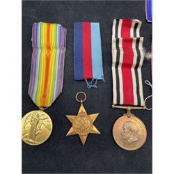 World War I War Medal to Gnr W Cullen R.A. 103569. Victory Medal to Gnr J J Collingwod R.A. 84285, WWII War Medal and 1939-45 Star, silver and blue enamel Royal Armoured Corps brooch and seven Naval brass buttons