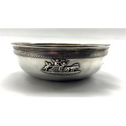 French silver bowl by Victor Boivin, Paris, presented to 'Major H C Scott by the officers of the X Corps Cyclist Battalion on the occasion of his marriage 12th October 1916' with crest etc  D21cm 12.4oz