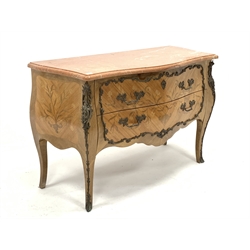 Late 19th century French Kingwood commode, with red marble top over two drawers, inlaid with floral marquetry and gilt metal mounts, shaped apron, raised on cabriole supports and sabot feet, W131cm, H85cm, D59cm