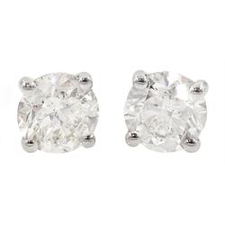 Pair of 18ct white gold round brilliant cut diamond stud earrings, hallmarked, total diamond weight approx 1.05 carat
