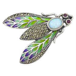 Silver plique-a-jour, marcasite and opal bug brooch, stamped 925 