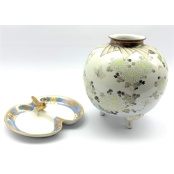 20th century Japanese porcelain vase of globular form, hand-painted with chrysanthemum and butterflies, raised on three feet, H23cm and a Notriake sectional dish surmounted by a Pheasant (2)